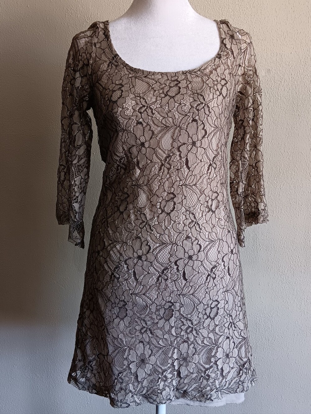 Y2K Vanity Crochet Lace Neutral Lace Overlay Taupe Dress Slip On Size Small